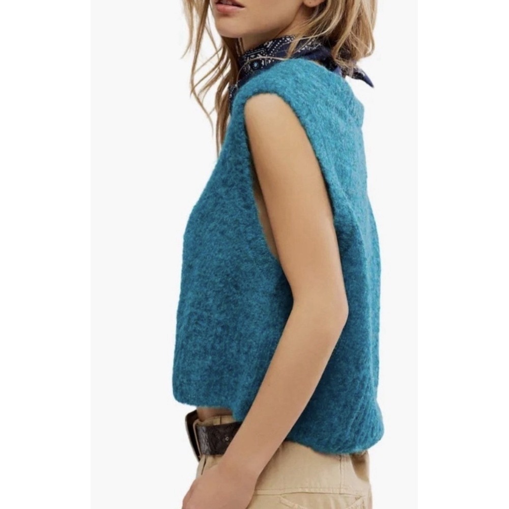 Free People Dream Maker Alpaca Blend Vest Teal Green Biscay Bay S Preppy Boho - Picture 4 of 10